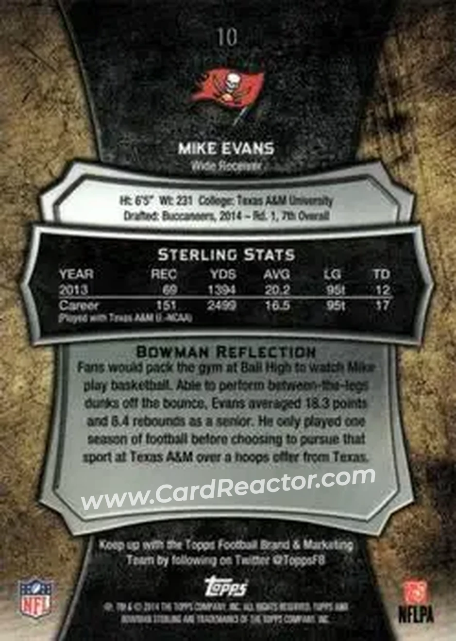 2014 Bowman Sterling #10 - Mike Evans - Tampa Bay Buccaneers - Back