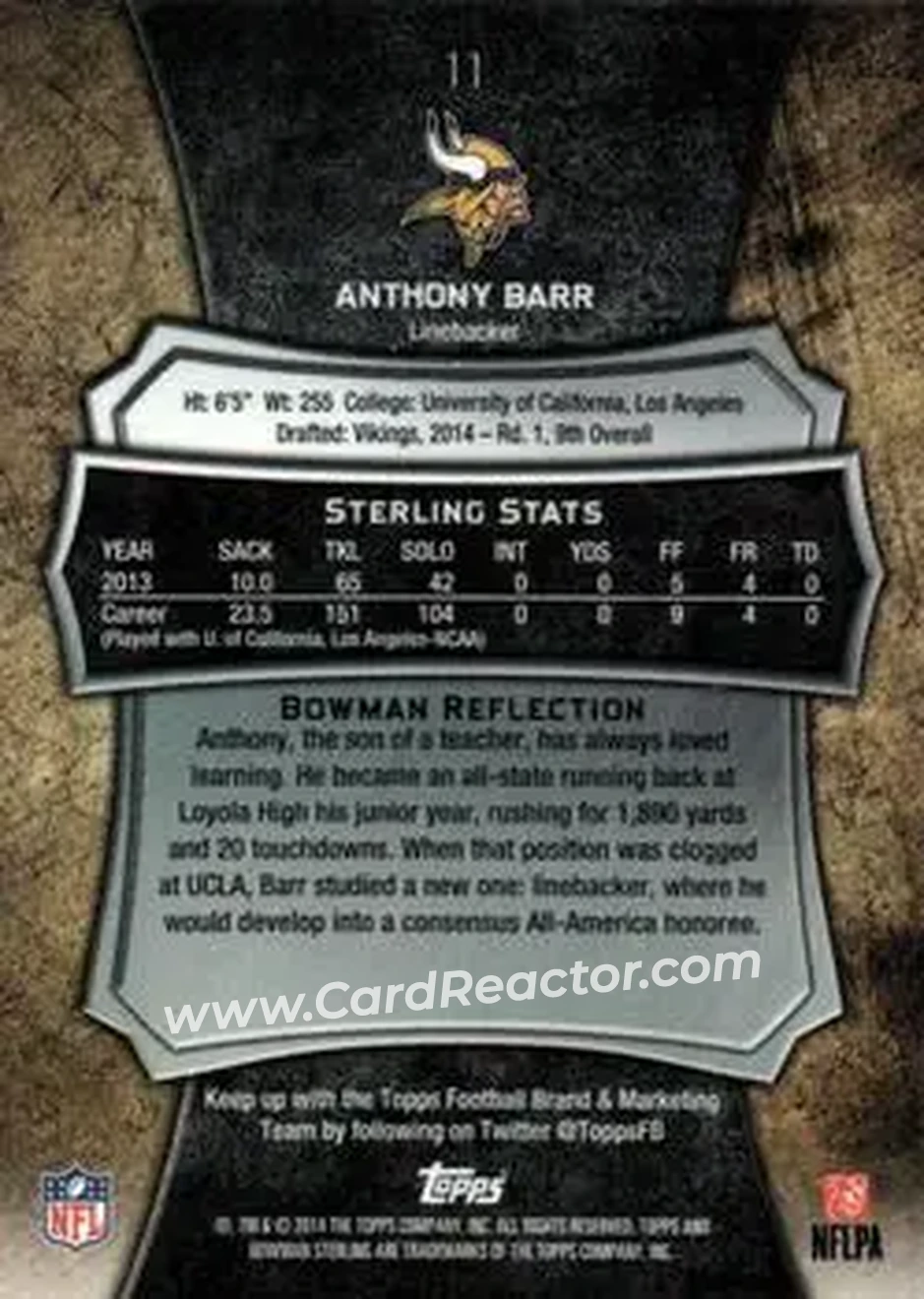 2014 Bowman Sterling #11 - Anthony Barr - Minnesota Vikings - Back