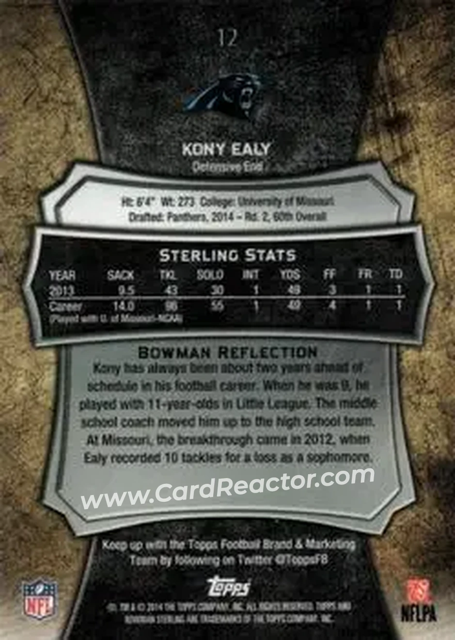 2014 Bowman Sterling #12 - Kony Ealy - Carolina Panthers - Back