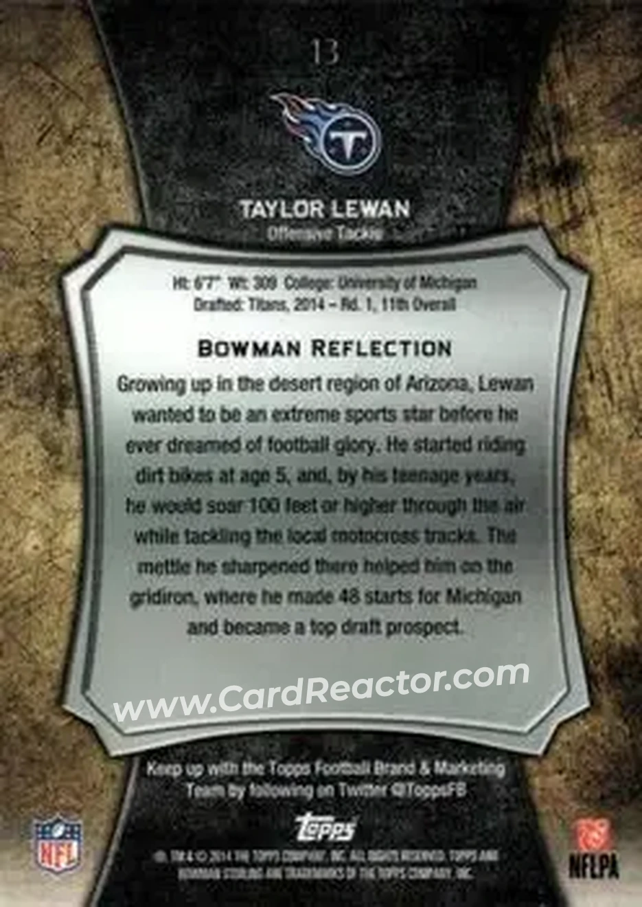 2014 Bowman Sterling #13 - Taylor Lewan - Tennessee Titans - Back