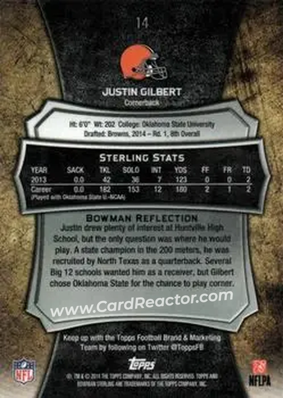 2014 Bowman Sterling #14 - Justin Gilbert - Cleveland Browns - Back