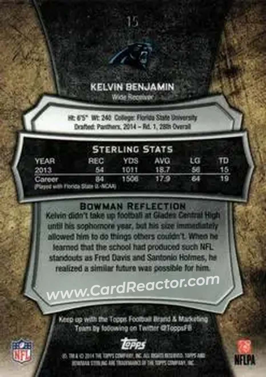 2014 Bowman Sterling #15 - Kelvin Benjamin - Carolina Panthers - Back