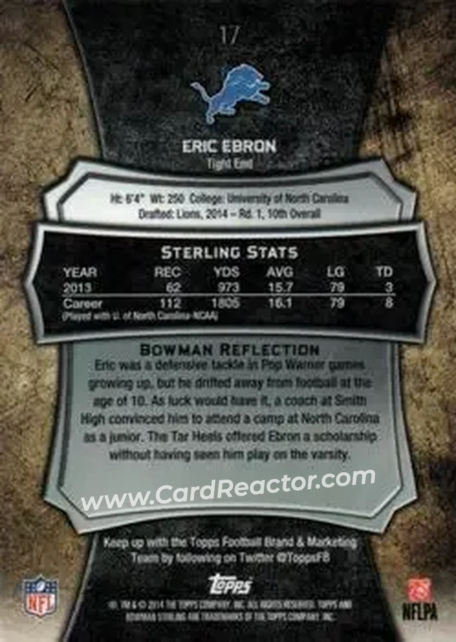 2014 Bowman Sterling #17 - Eric Ebron - Detroit Lions - Back