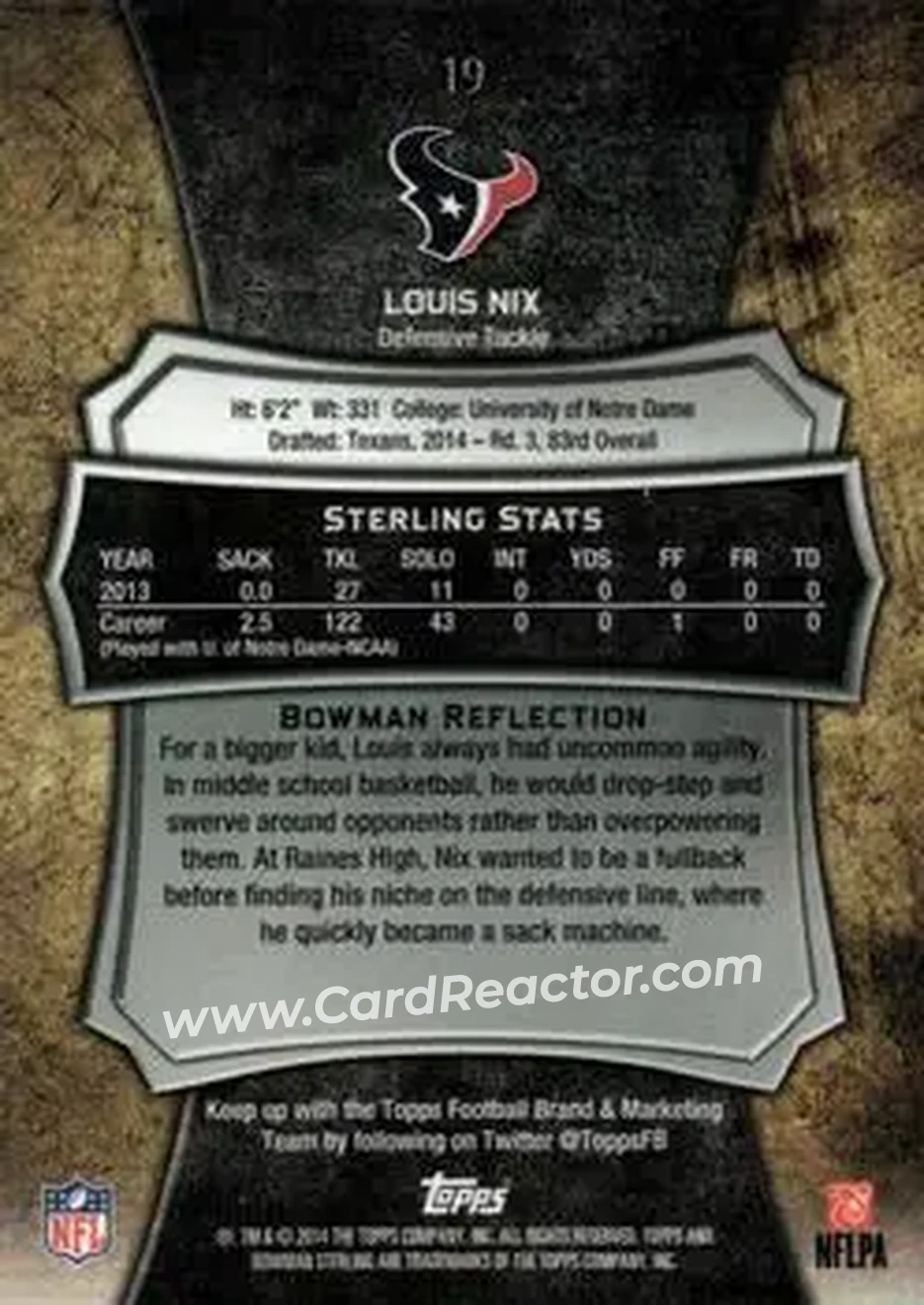 2014 Bowman Sterling #19 - Louis Nix III - Houston Texans - Back