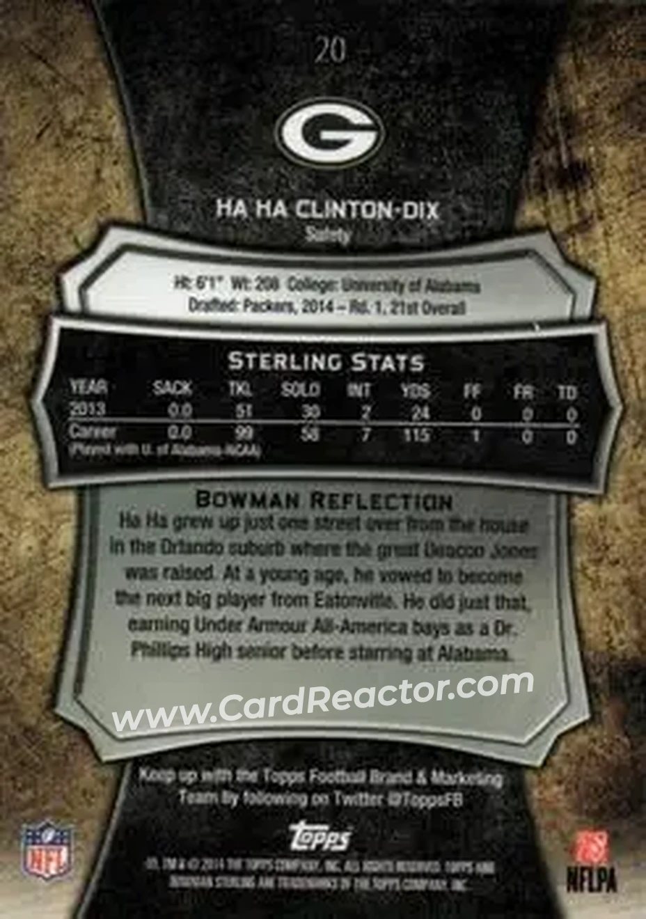 2014 Bowman Sterling #20 - Ha Ha Clinton-Dix - Green Bay Packers - Back
