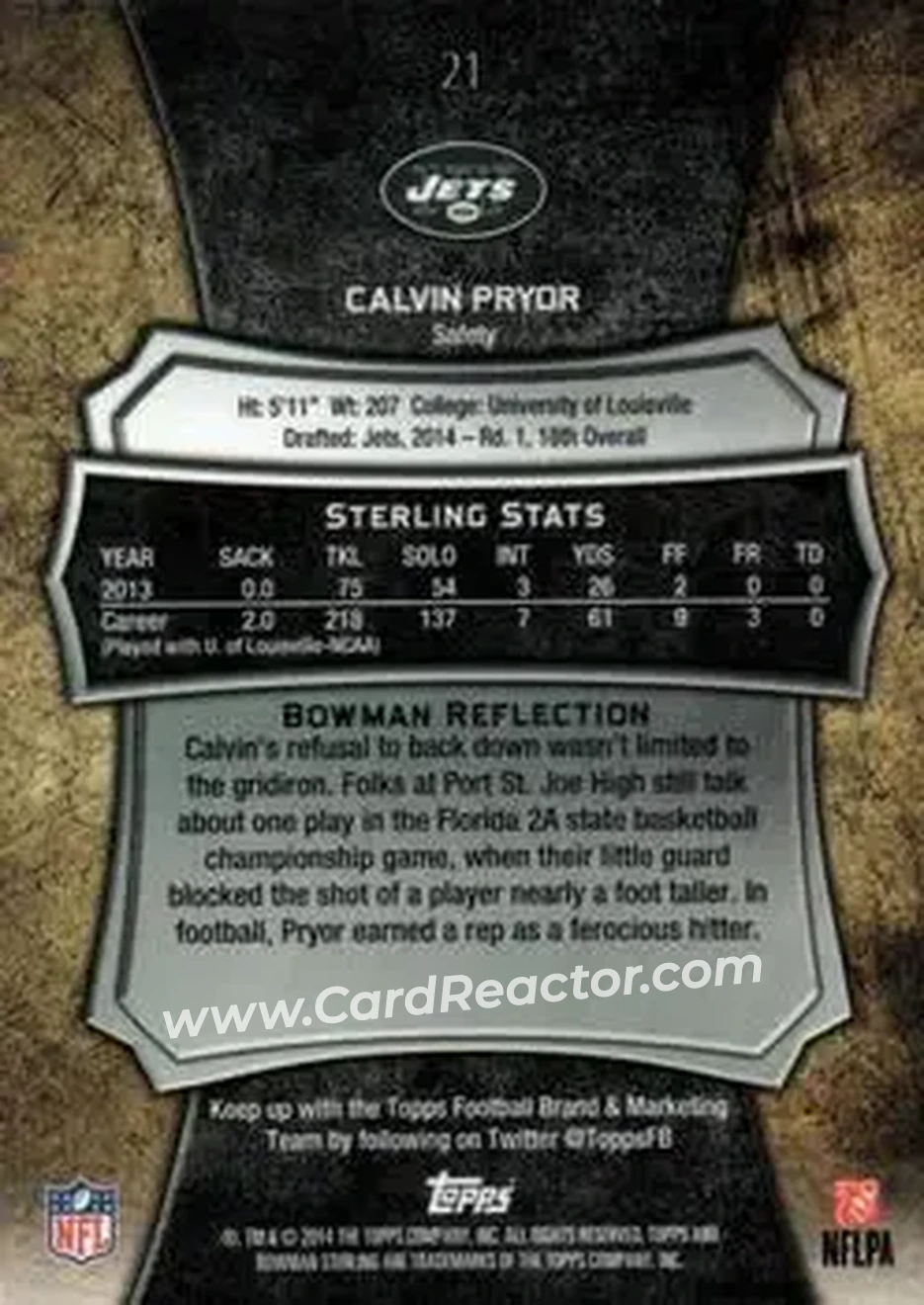 2014 Bowman Sterling #21 - Calvin Pryor - New York Jets - Back