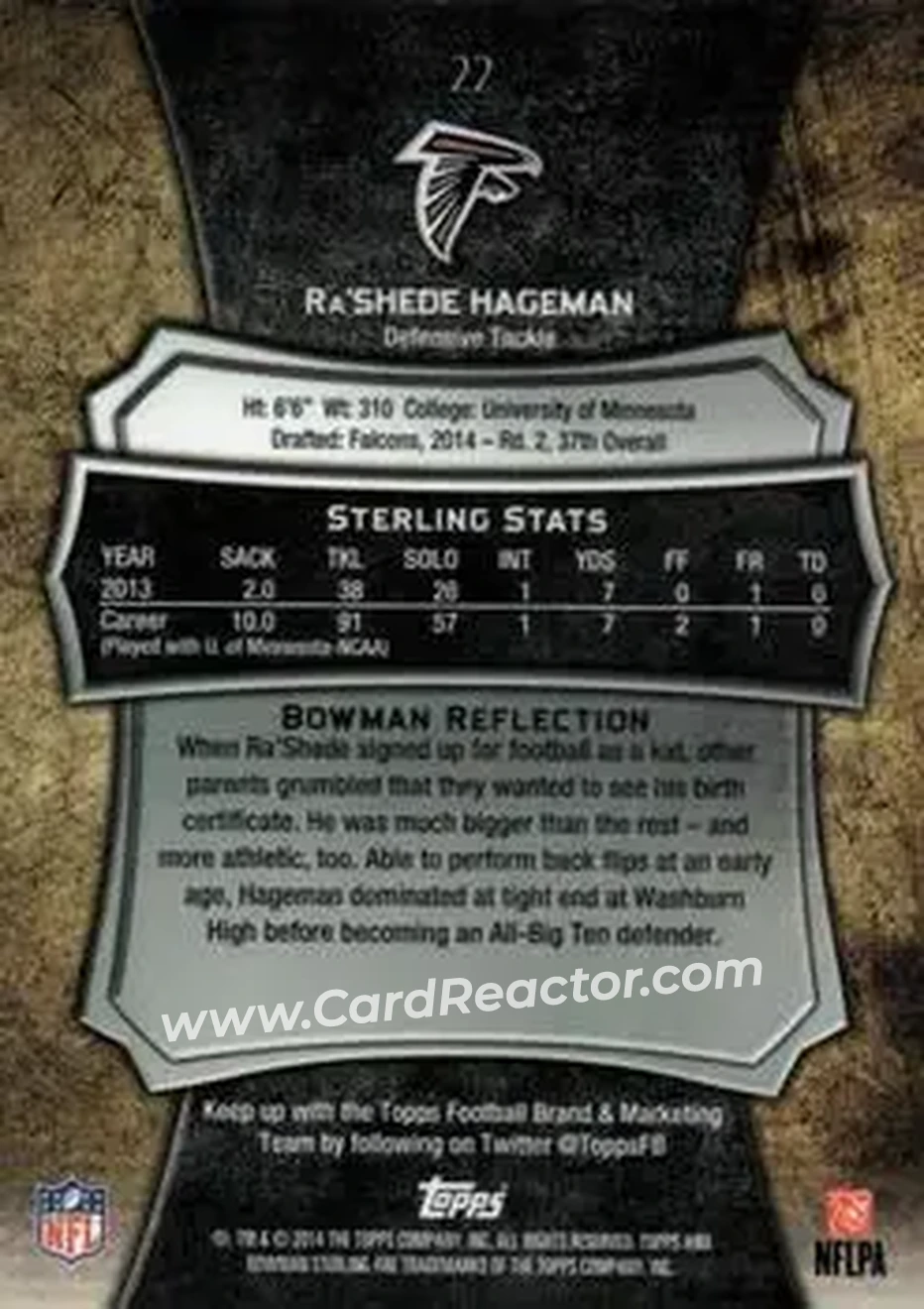 2014 Bowman Sterling #22 - Ra'Shede Hageman - Atlanta Falcons - Back