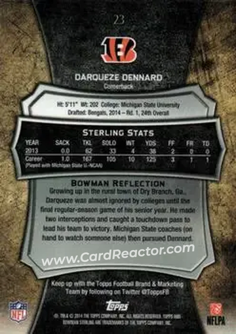 2014 Bowman Sterling #23 - Darqueze Dennard - Cincinnati Bengals - Back