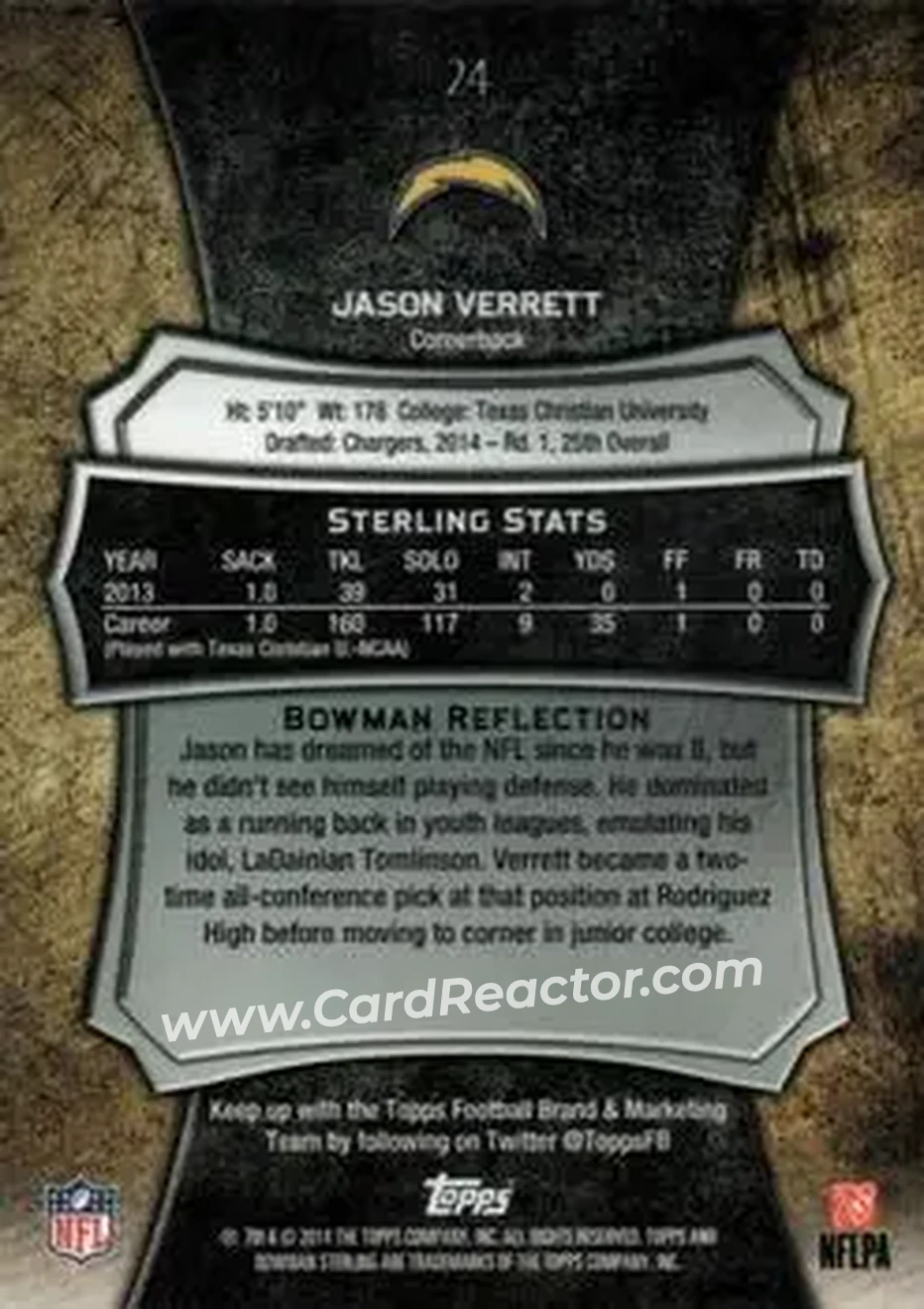 2014 Bowman Sterling #24 - Jason Verrett - San Diego Chargers - Back