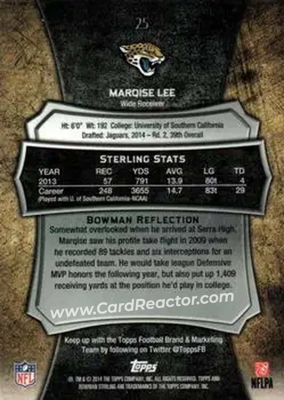 2014 Bowman Sterling #25 - Marqise Lee - Jacksonville Jaguars - Back