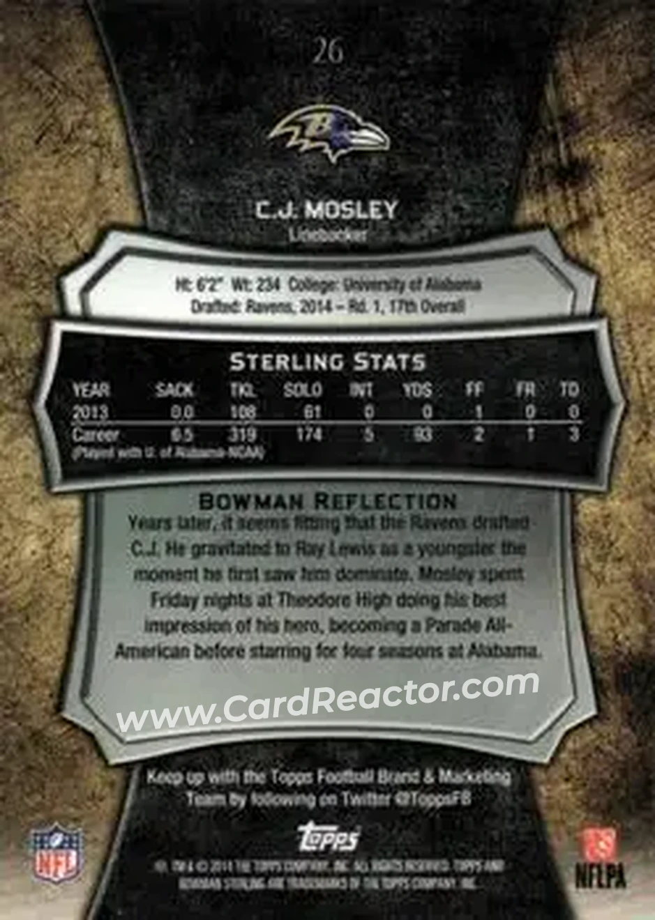 2014 Bowman Sterling #26 - C.J. Mosley - Baltimore Ravens - Back