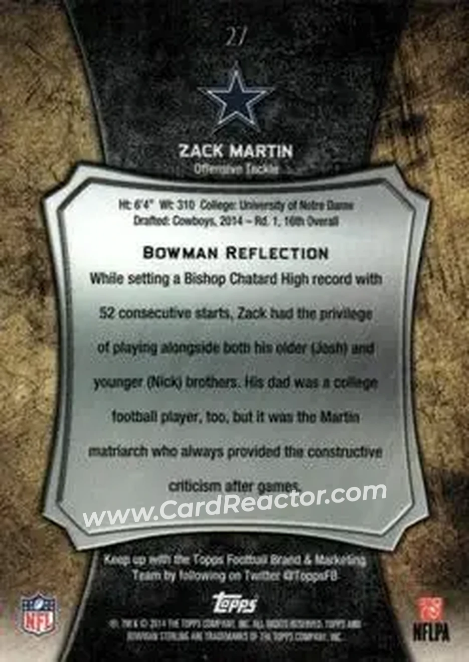 2014 Bowman Sterling #27 - Zack Martin - Dallas Cowboys - Back