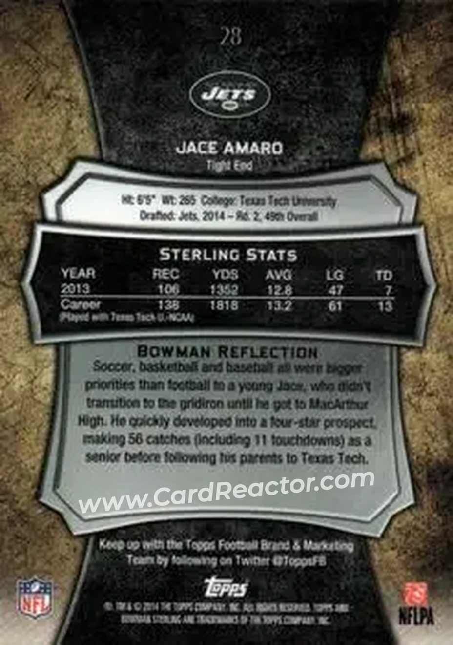 2014 Bowman Sterling #28 - Jace Amaro - New York Jets - Back