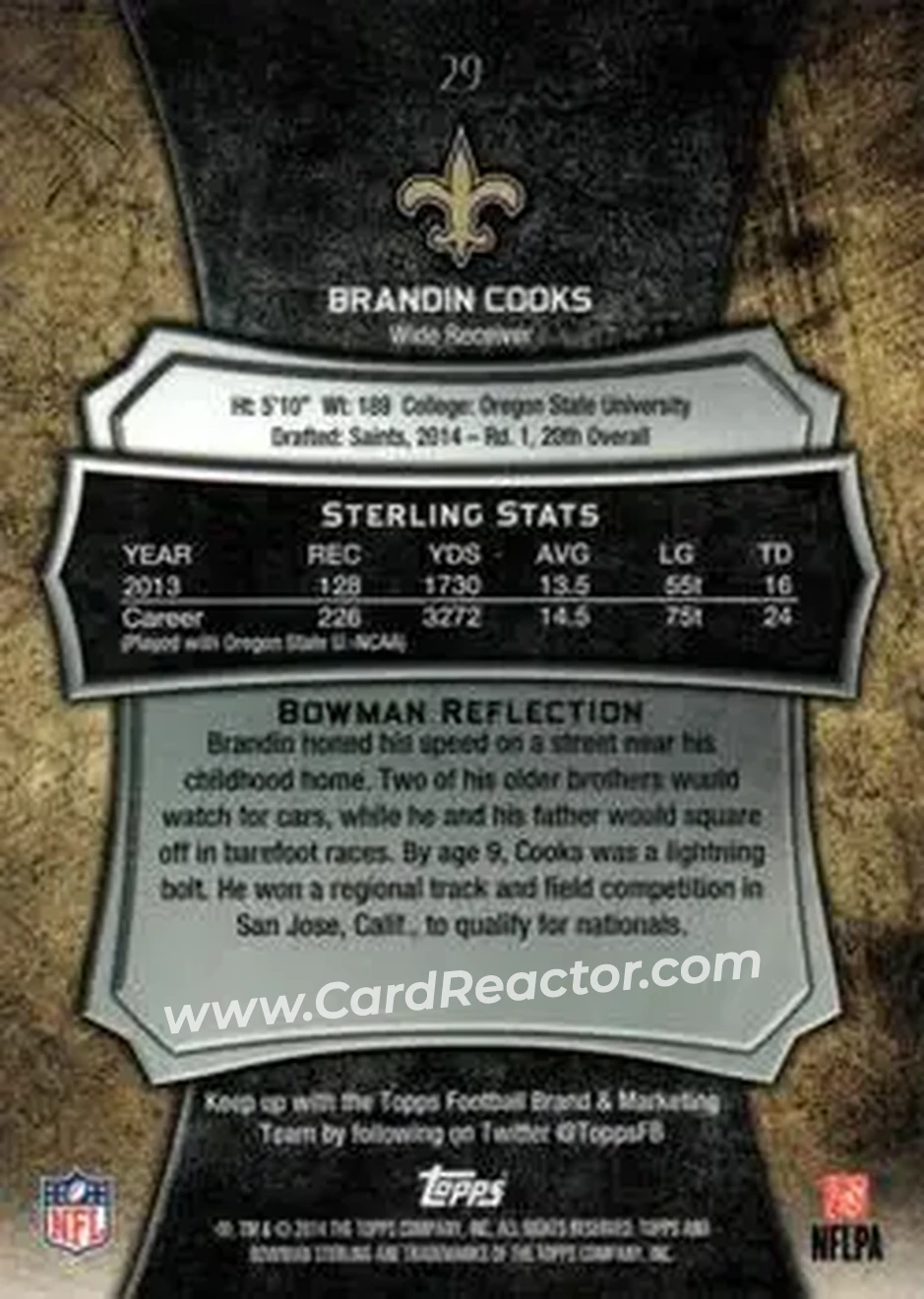 2014 Bowman Sterling #29 - Brandin Cooks - New Orleans Saints - Back