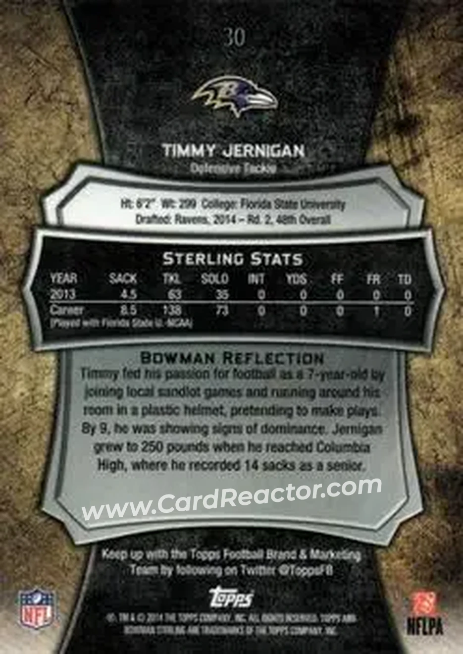 2014 Bowman Sterling #30 - Timmy Jernigan - Baltimore Ravens - Back