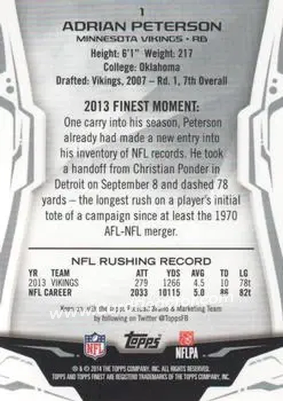 2014 Finest #1 - Adrian Peterson - Minnesota Vikings - Back 2014 Finest #1 - Adrian Peterson - Minnesota Vikings - Back