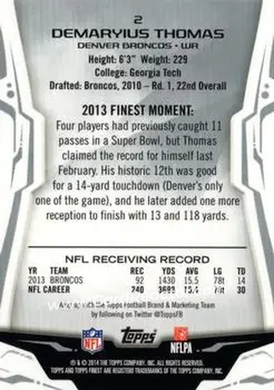 2014 Finest #2 - Demaryius Thomas - Denver Broncos - Back