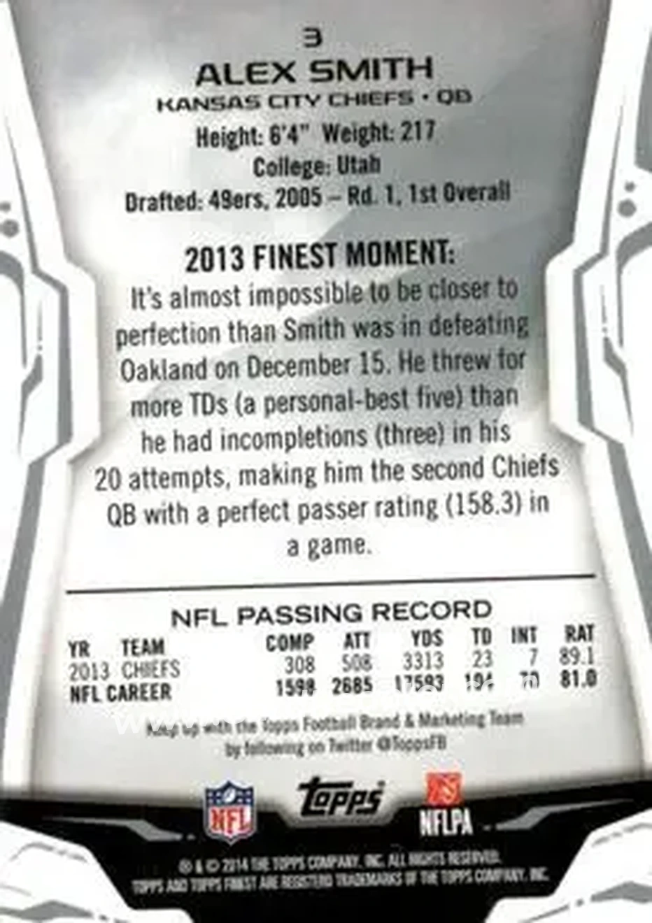 2014 Finest #3 - Alex Smith - Kansas City Chiefs - Back