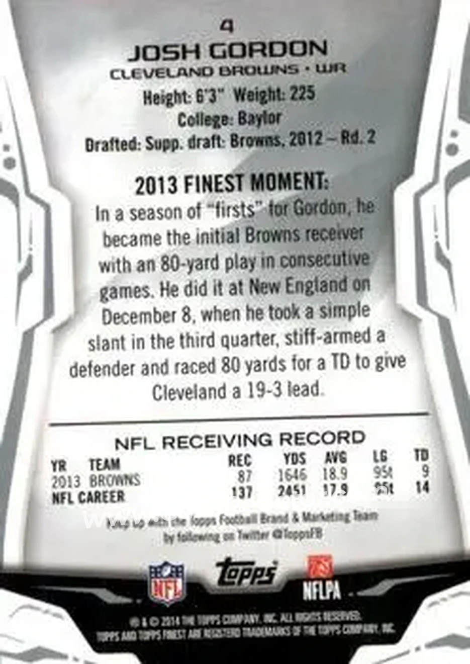 2014 Finest #4 - Josh Gordon - Cleveland Browns - Back