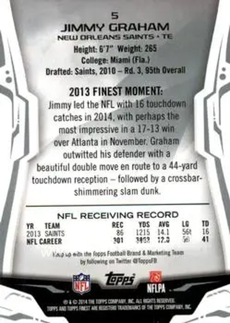 2014 Finest #5 - Jimmy Graham - New Orleans Saints - Back