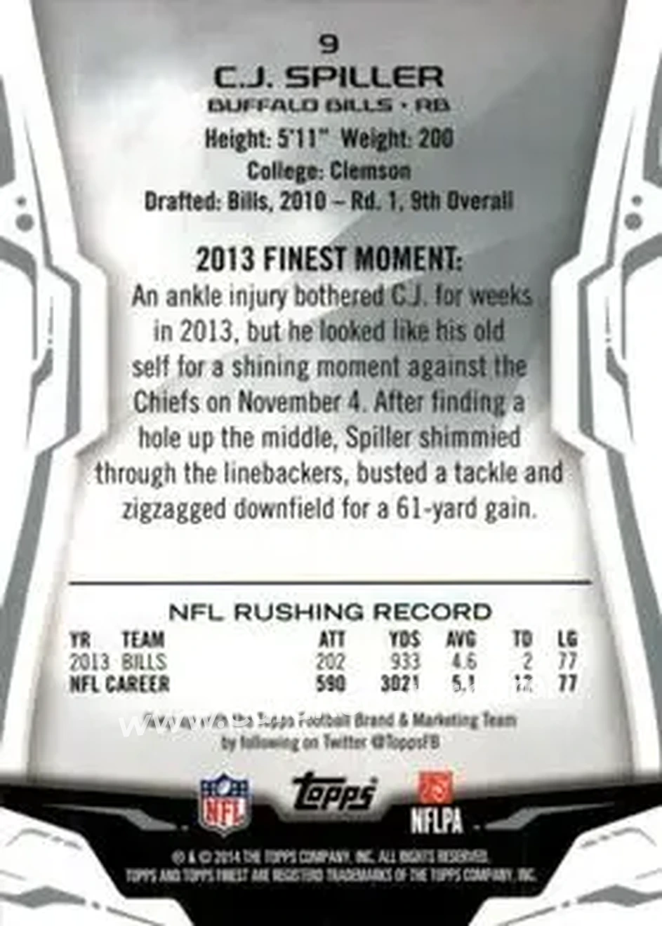 2014 Finest #9 - C.J. Spiller - Buffalo Bills - Back