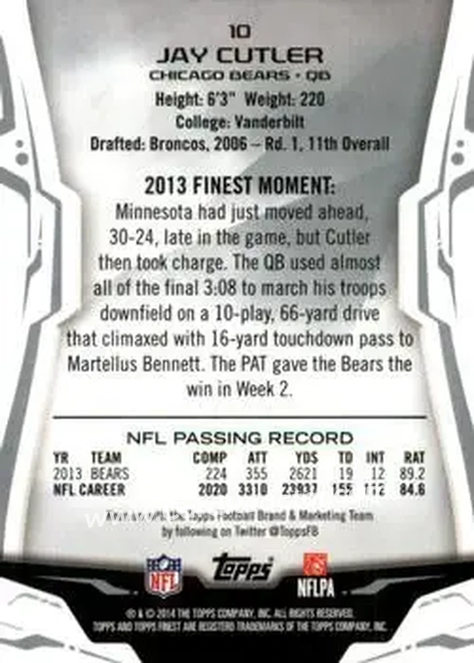 2014 Finest #10 - Jay Cutler - Chicago Bears - Back