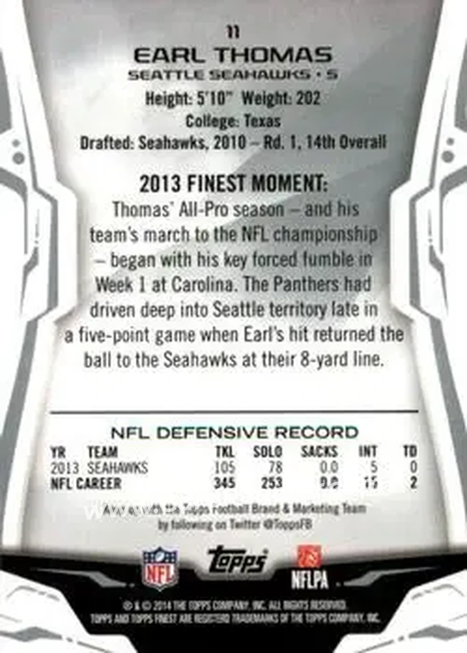 2014 Finest #11 - Earl Thomas III - Seattle Seahawks - Back