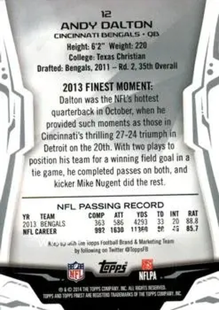 2014 Finest #12 - Andy Dalton - Cincinnati Bengals - Back