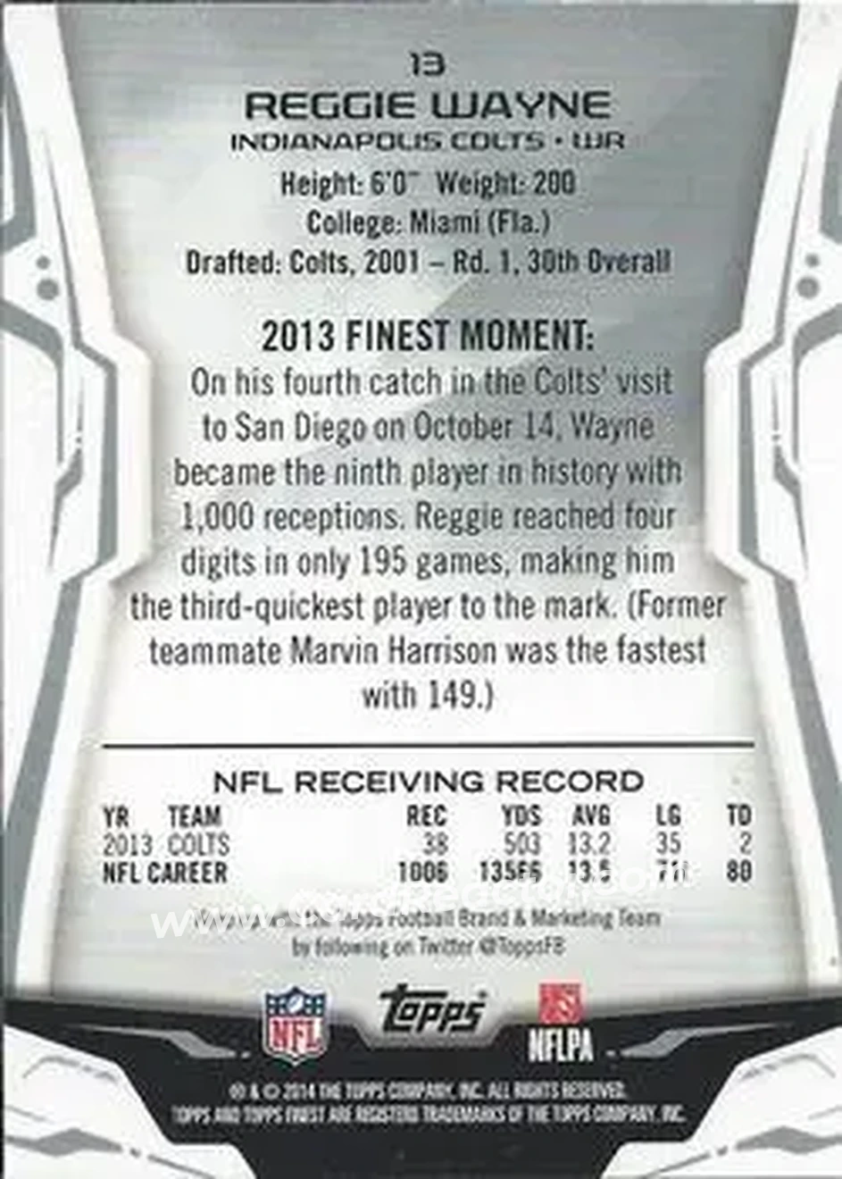 2014 Finest #13 - Reggie Wayne - Indianapolis Colts - Back