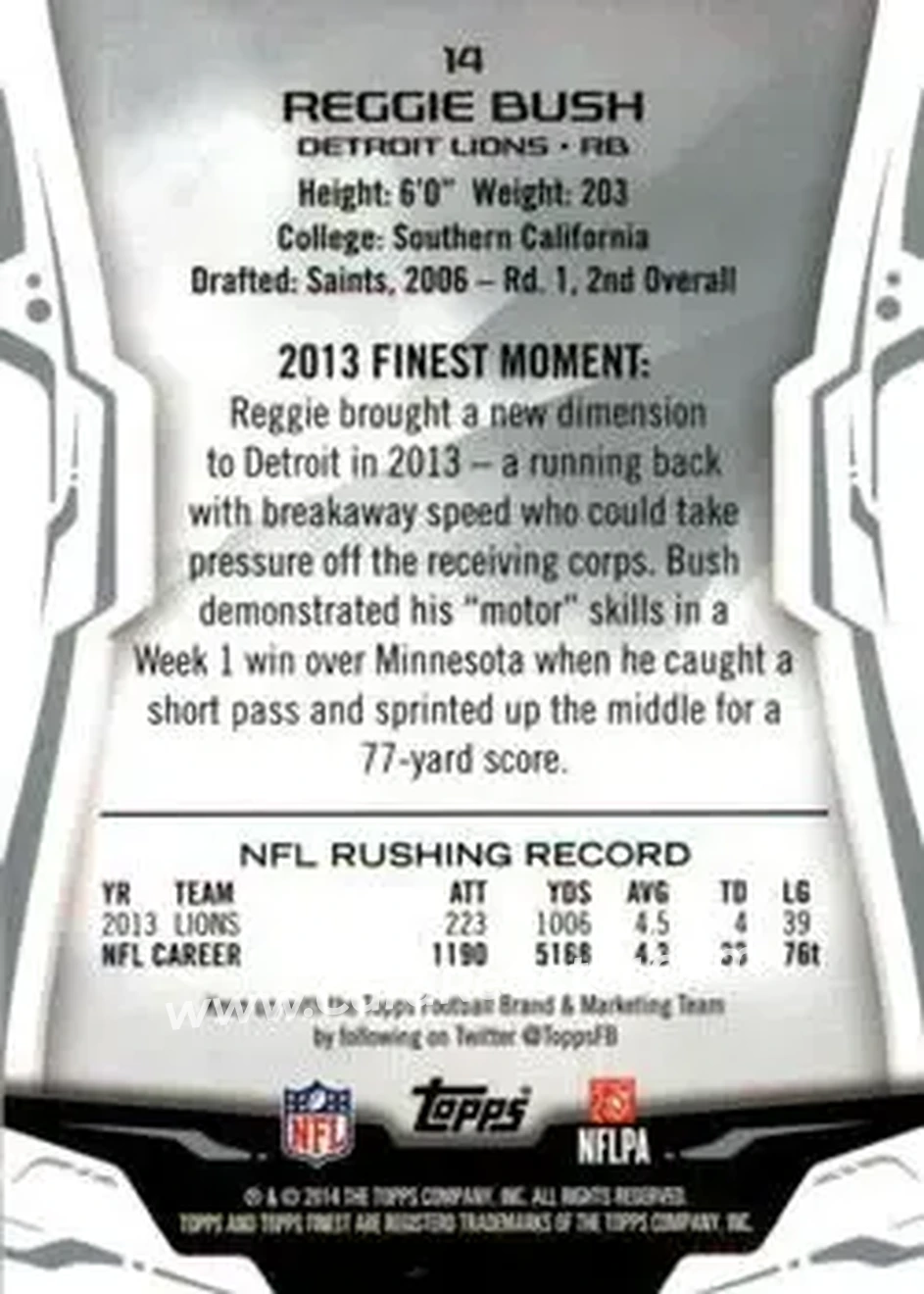 2014 Finest #14 - Reggie Bush - Detroit Lions - Back