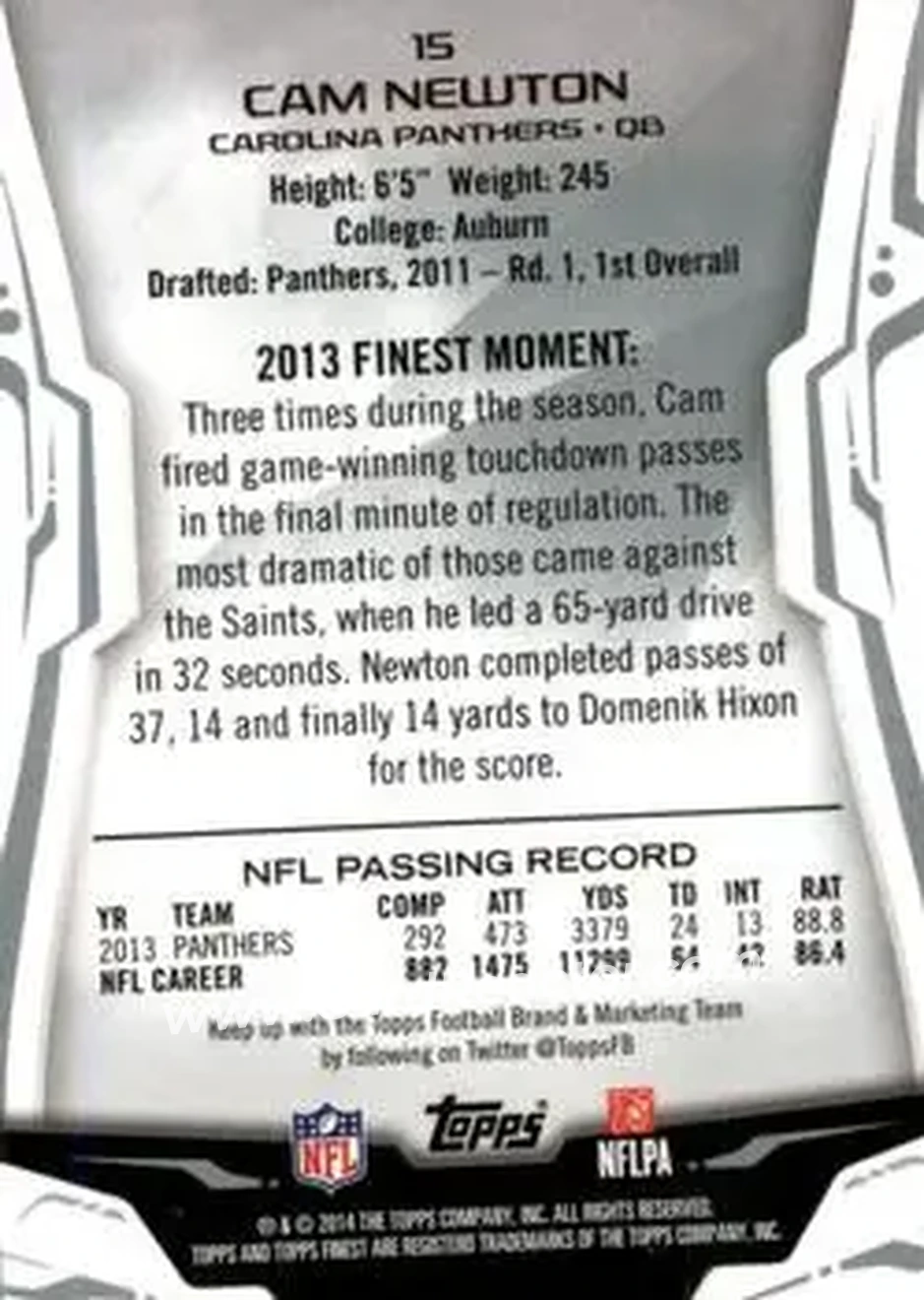 2014 Finest #15 - Cam Newton - Carolina Panthers - Back 2014 Finest #15 - Cam Newton - Carolina Panthers - Back