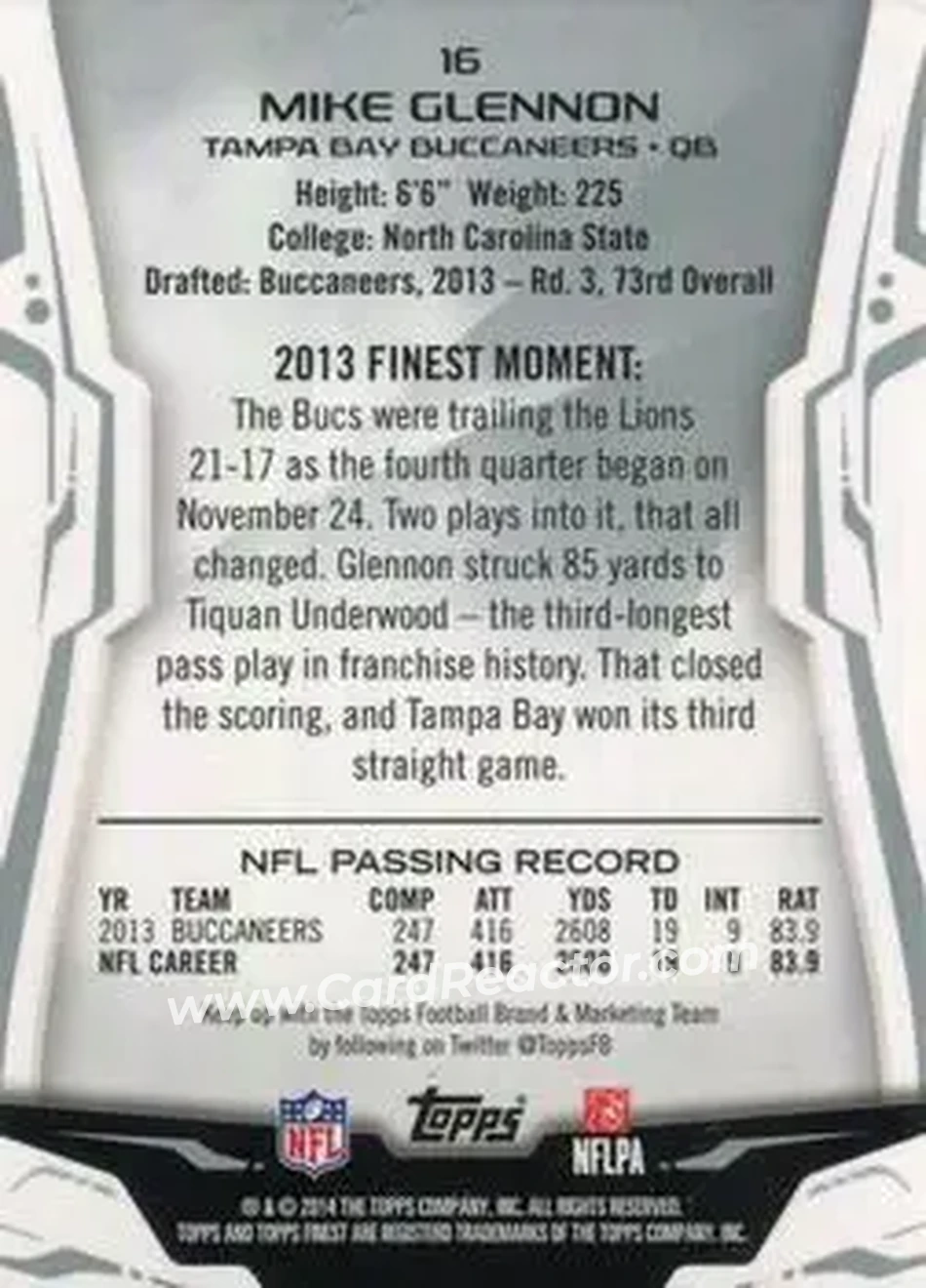 2014 Finest #16 - Mike Glennon - Tampa Bay Buccaneers - Back