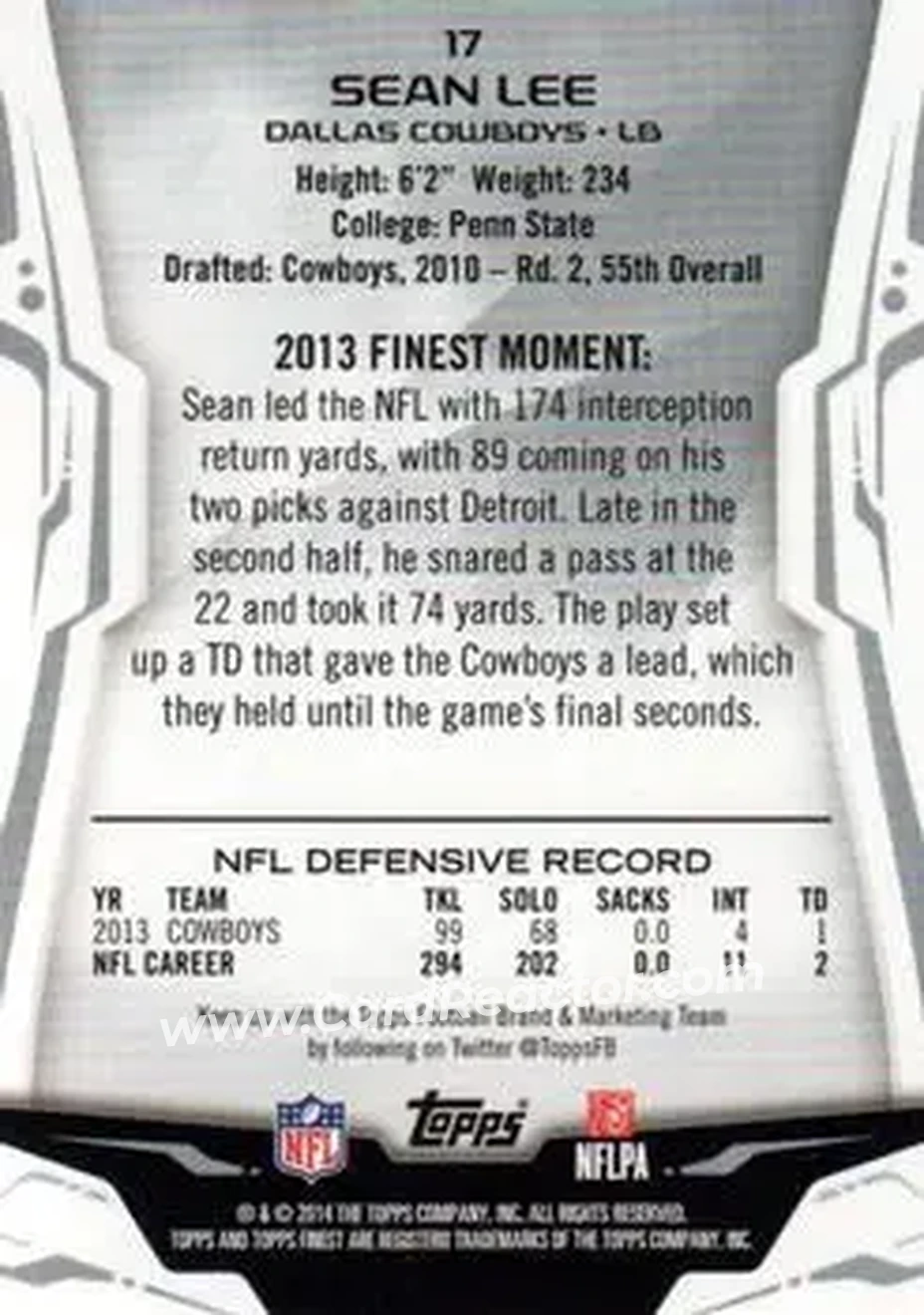 2014 Finest #17 - Sean Lee - Dallas Cowboys - Back