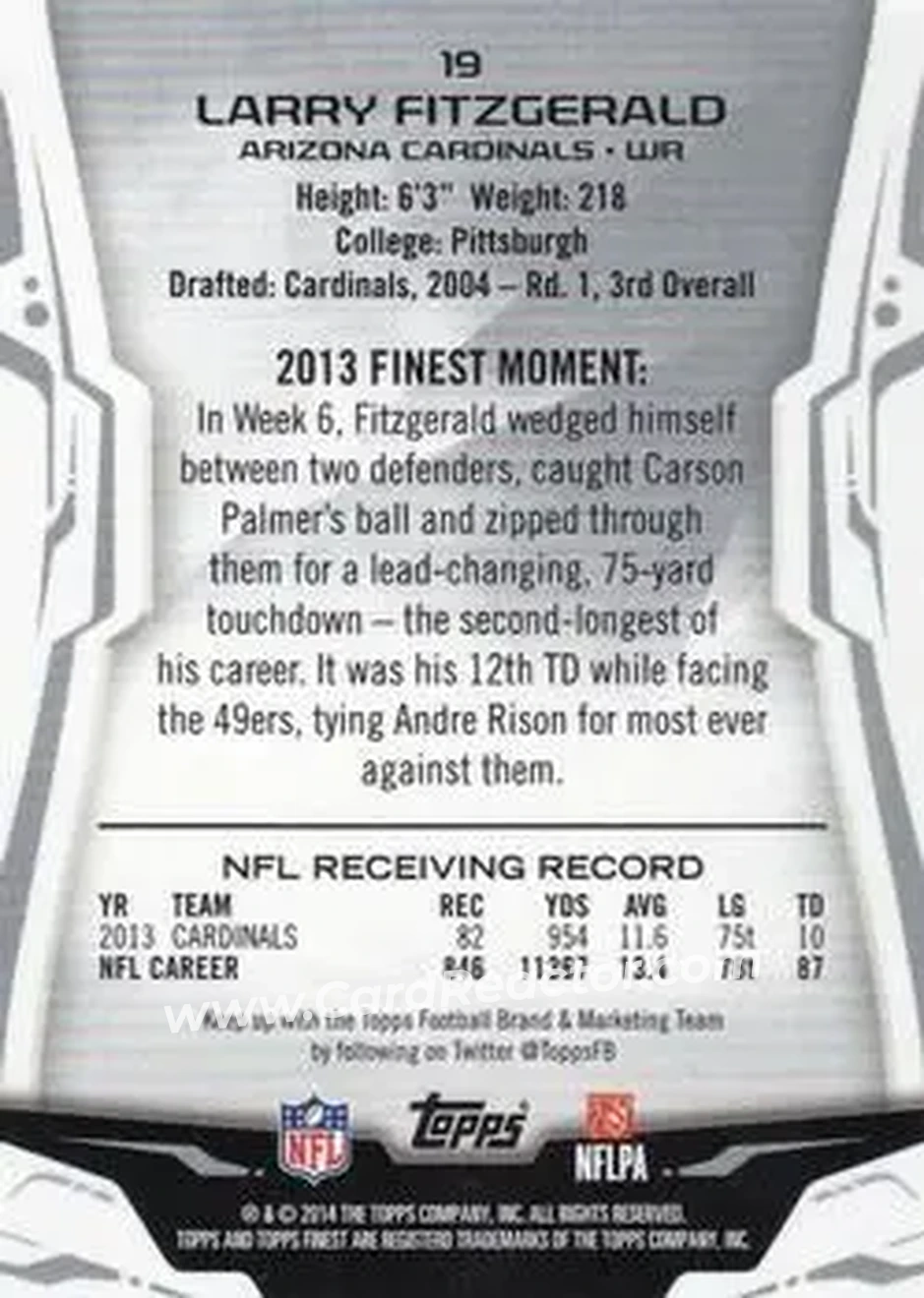 2014 Finest #19 - Larry Fitzgerald - Arizona Cardinals - Back 2014 Finest #19 - Larry Fitzgerald - Arizona Cardinals - Back