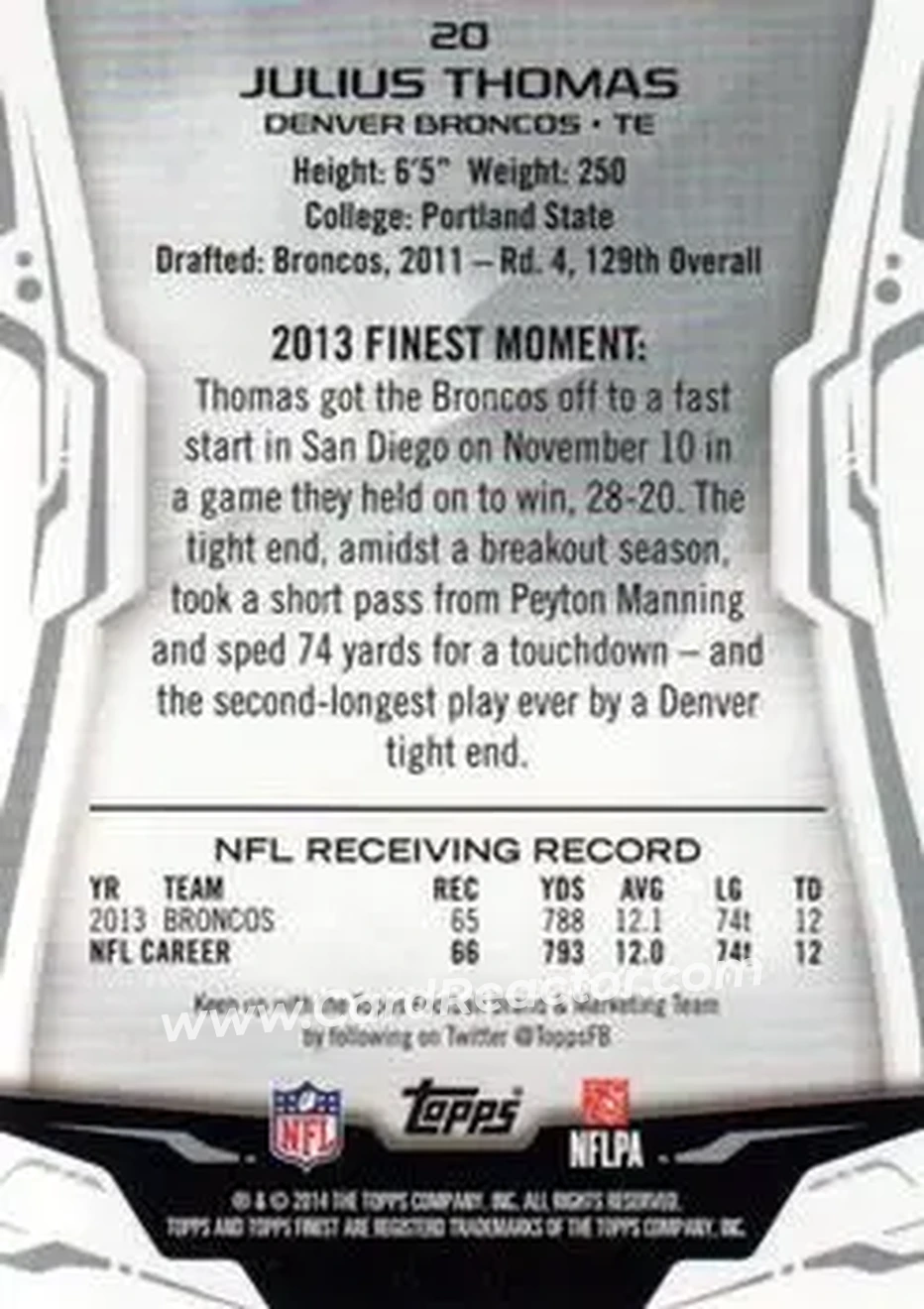 2014 Finest #20 - Julius Thomas - Denver Broncos - Back