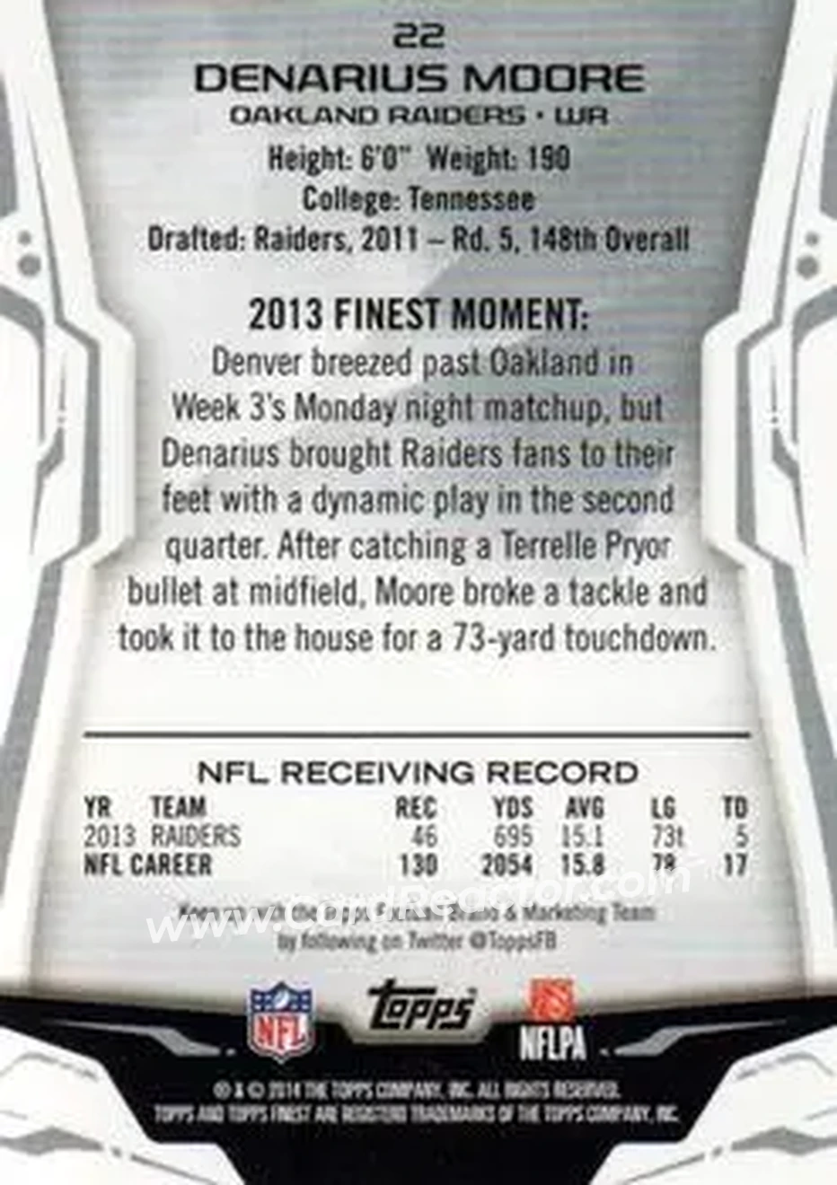 2014 Finest #22 - Denarius Moore - Oakland Raiders - Back