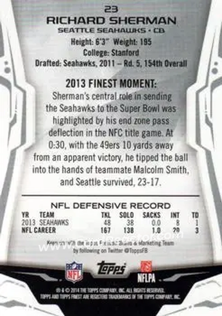 2014 Finest #23 - Richard Sherman - Seattle Seahawks - Back