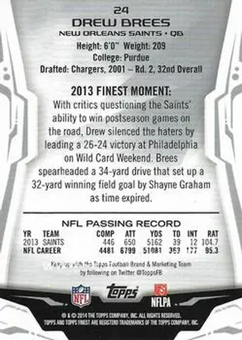2014 Finest #24 - Drew Brees - New Orleans Saints - Back 2014 Finest #24 - Drew Brees - New Orleans Saints - Back