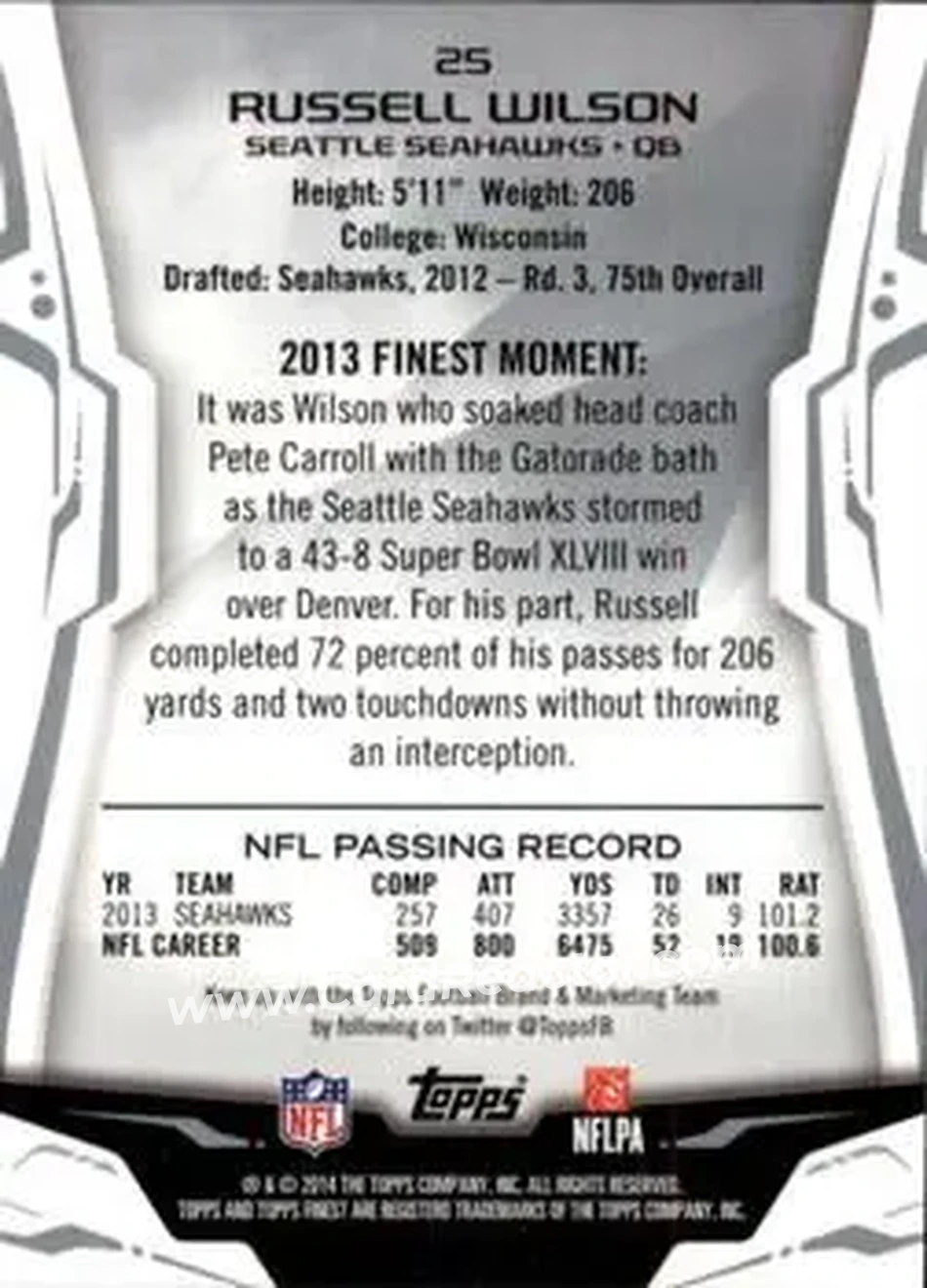 2014 Finest #25 - Russell Wilson - Seattle Seahawks - Back