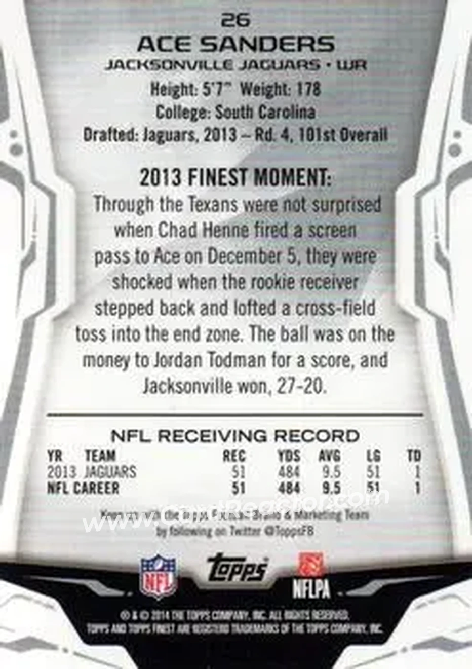 2014 Finest #26 - Ace Sanders - Jacksonville Jaguars - Back
