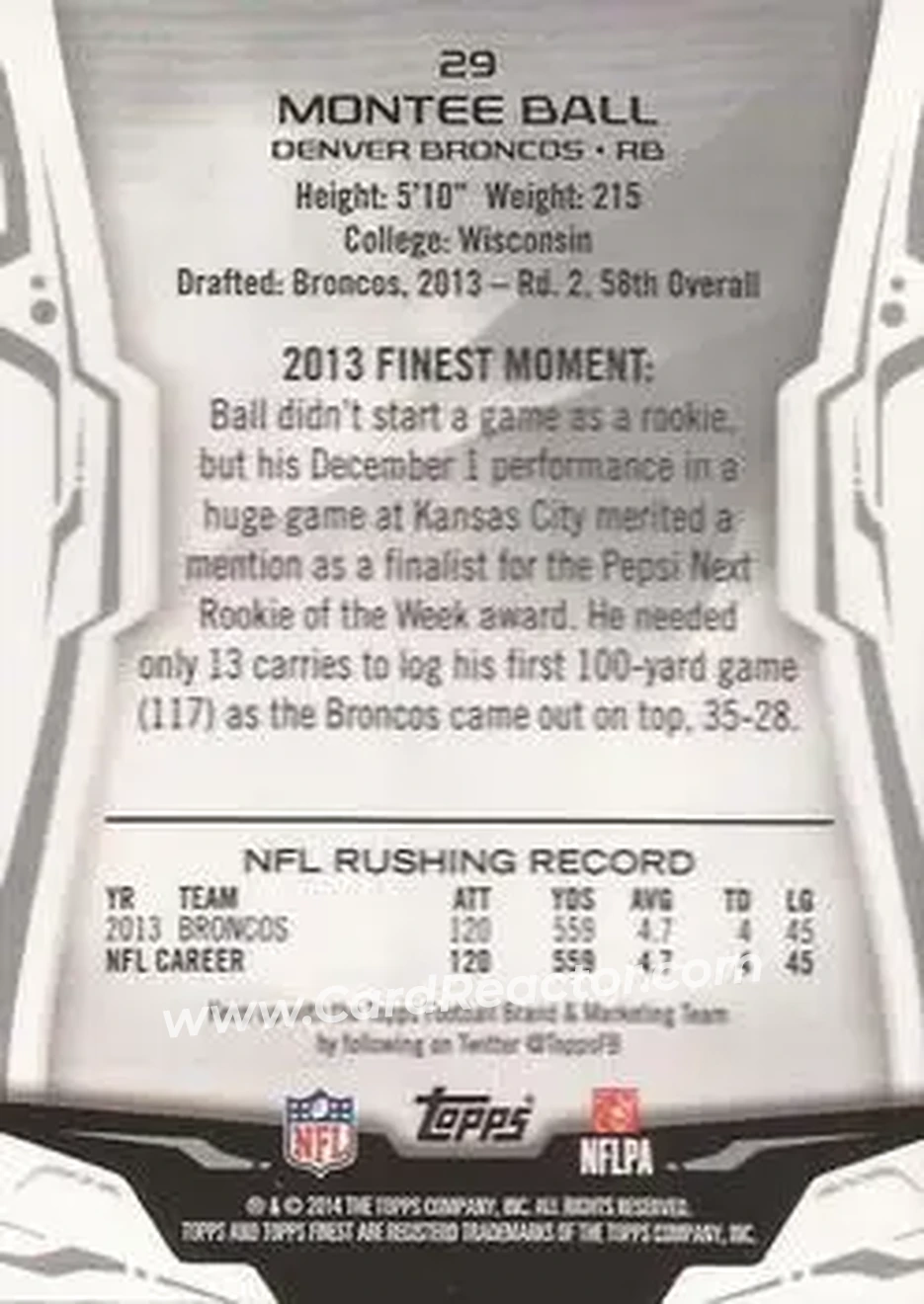 2014 Finest #29 - Montee Ball - Denver Broncos - Back