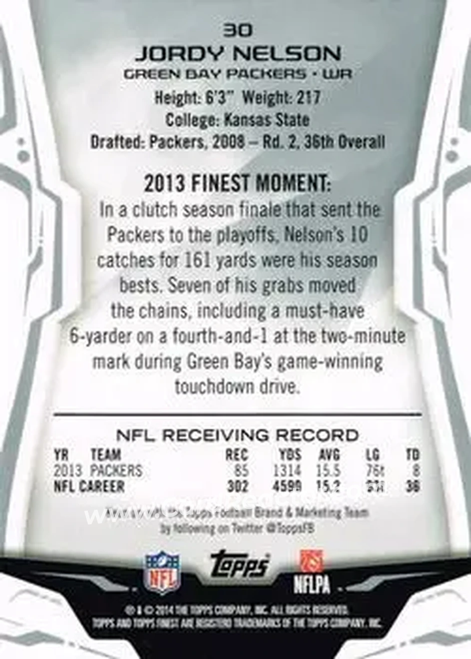2014 Finest #30 - Jordy Nelson - Green Bay Packers - Back