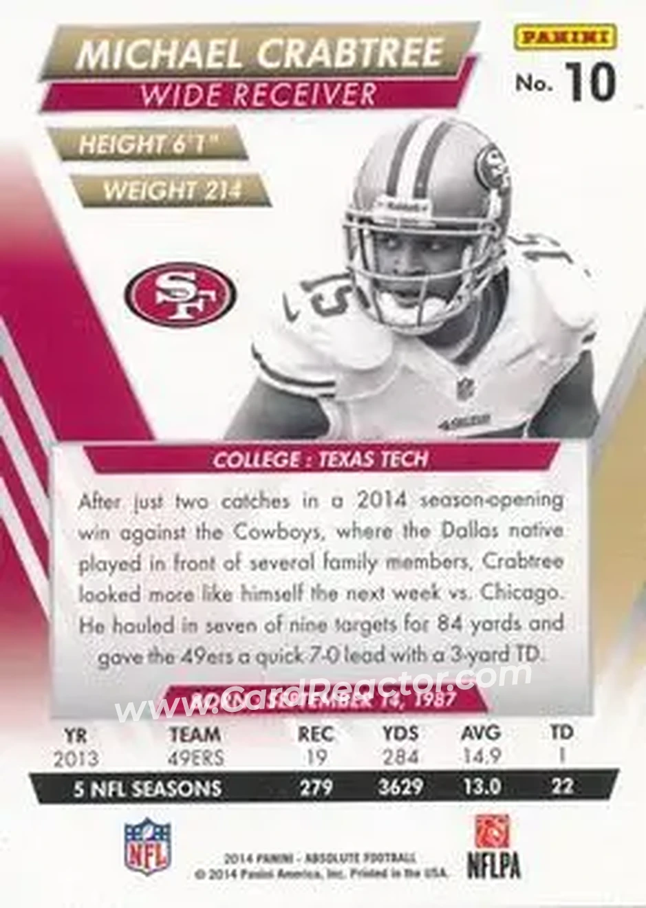 2014 Panini Absolute #10 - Michael Crabtree - San Francisco 49ers - Back