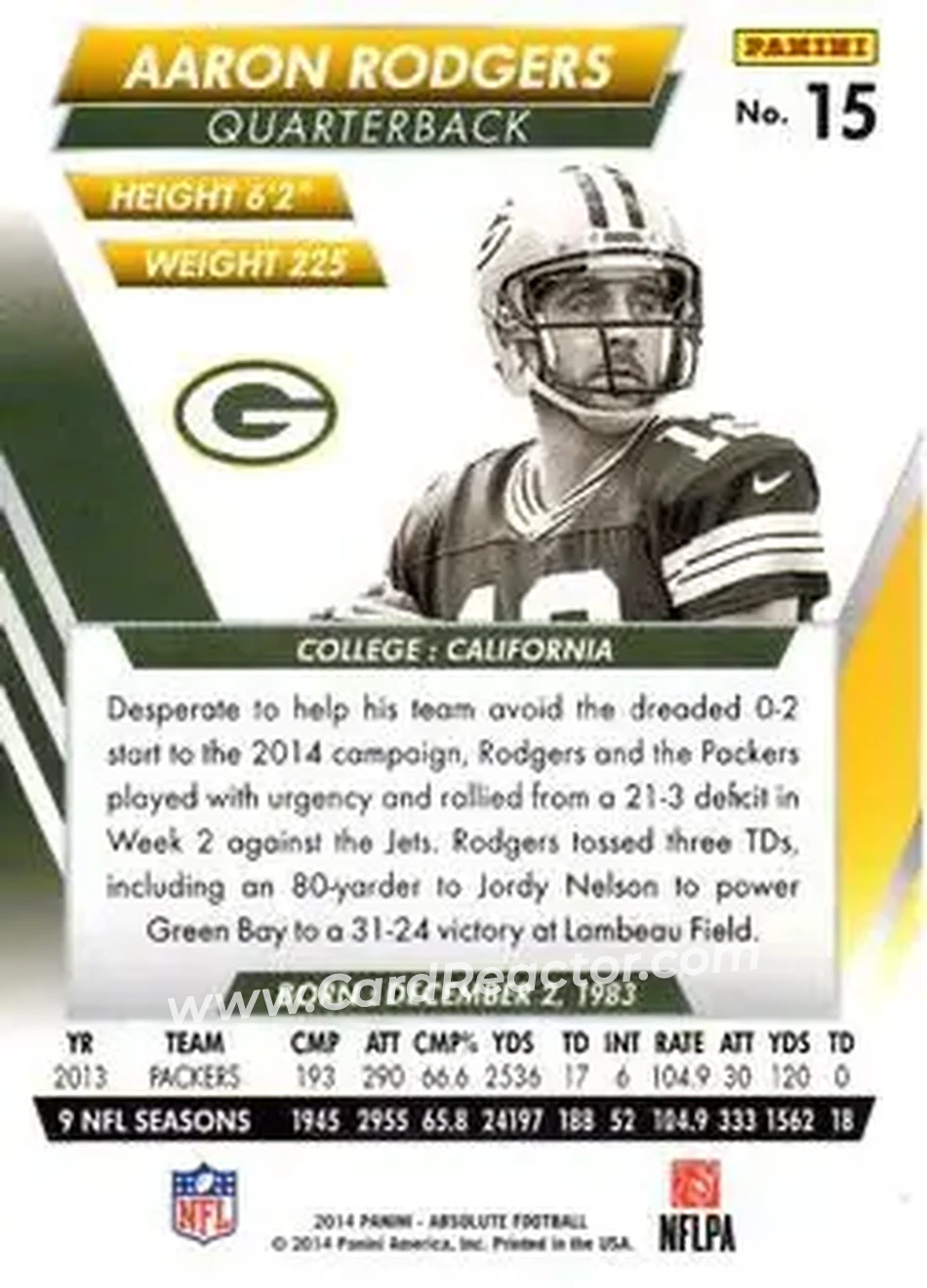 2014 Panini Absolute #15 - Aaron Rodgers - Green Bay Packers - Back