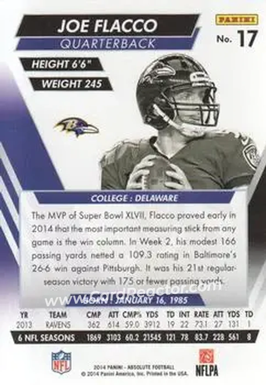 2014 Panini Absolute #17 - Joe Flacco - Baltimore Ravens - Back