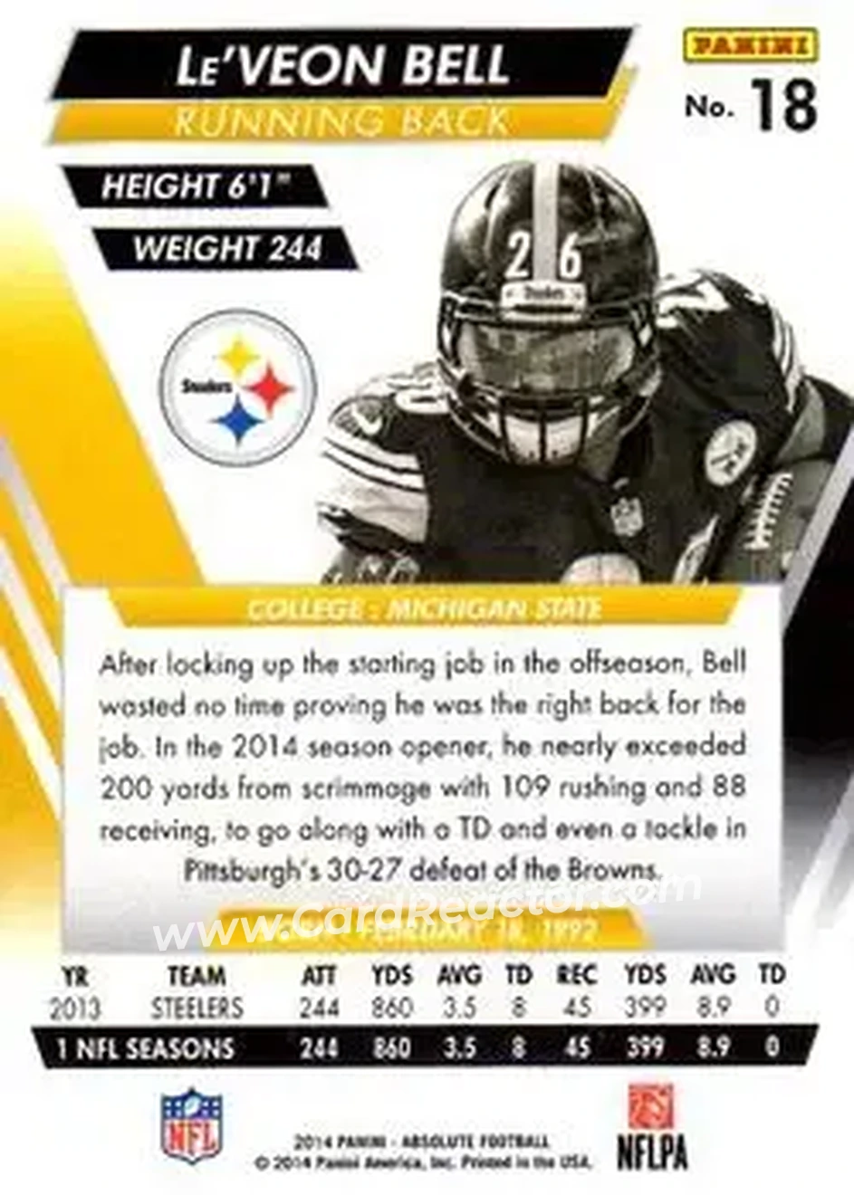 2014 Panini Absolute #18 - Le'Veon Bell - Pittsburgh Steelers - Back