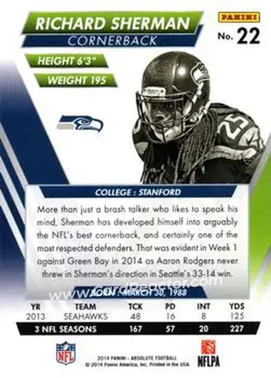 2014 Panini Absolute #22 - Richard Sherman - Seattle Seahawks - Back
