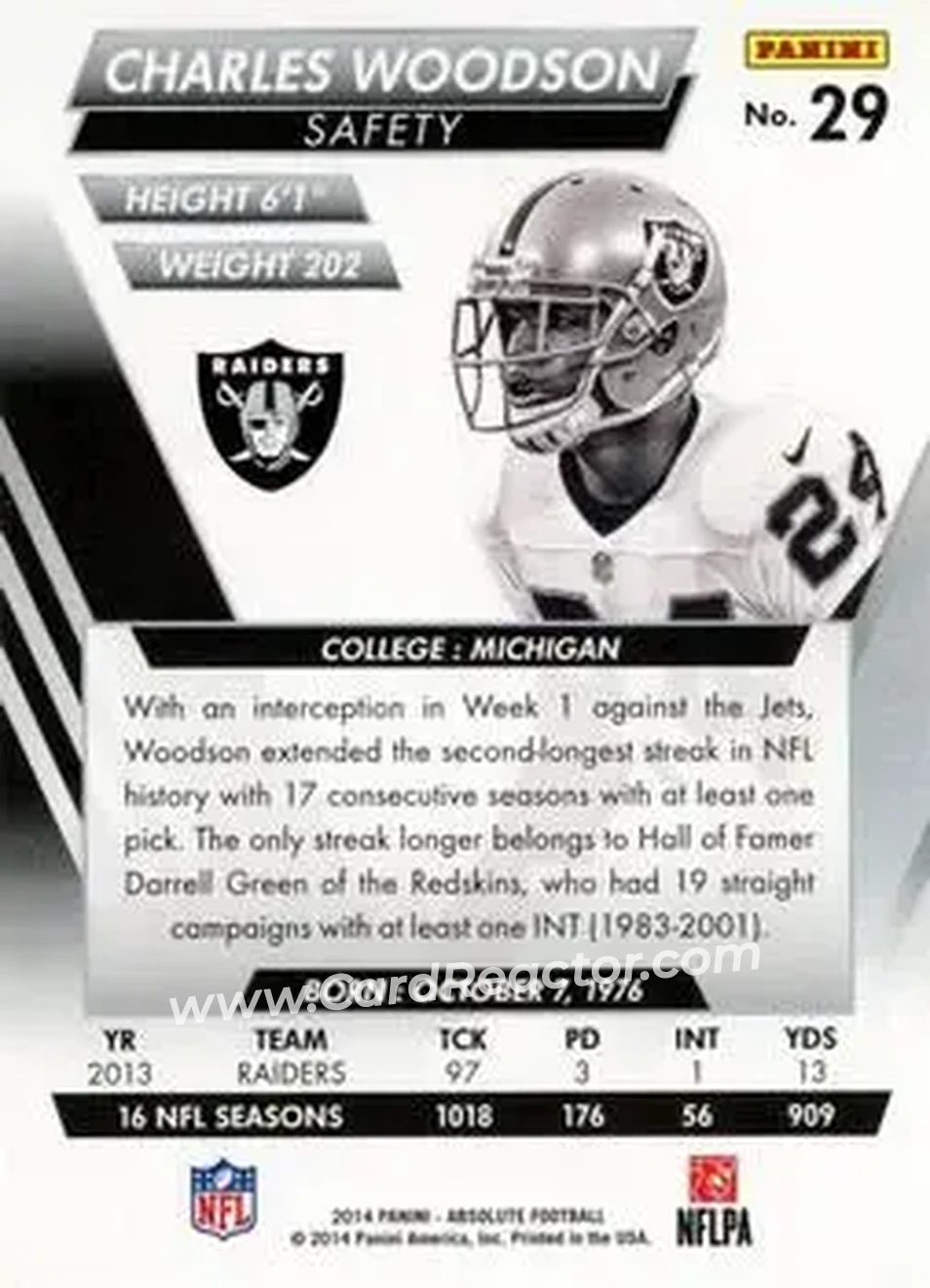2014 Panini Absolute #29 - Charles Woodson - Oakland Raiders - Back