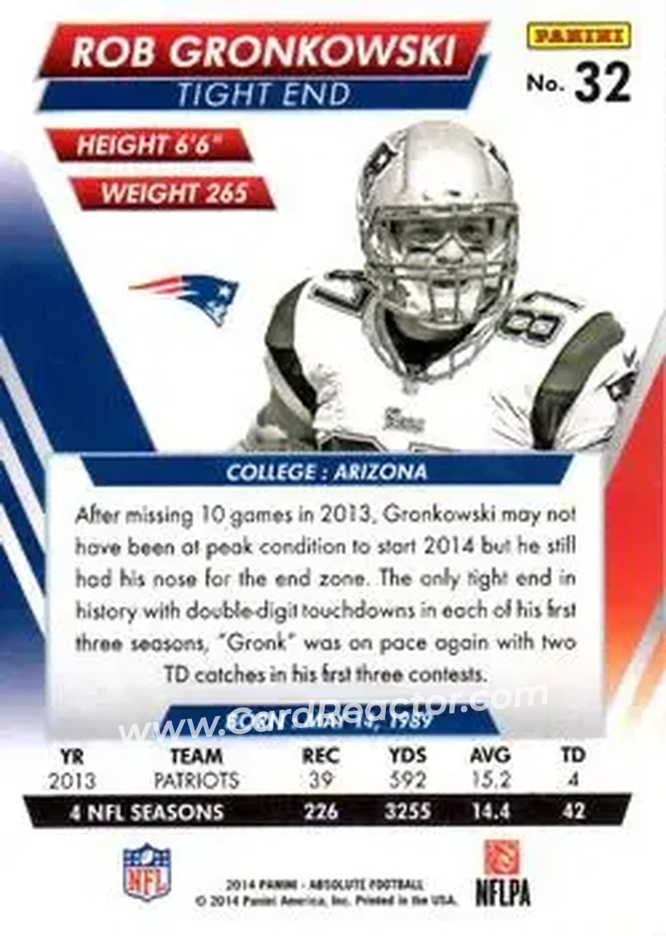 2014 Panini Absolute #32 - Rob Gronkowski - New England Patriots - Back 2014 Panini Absolute #32 - Rob Gronkowski - New England Patriots - Back