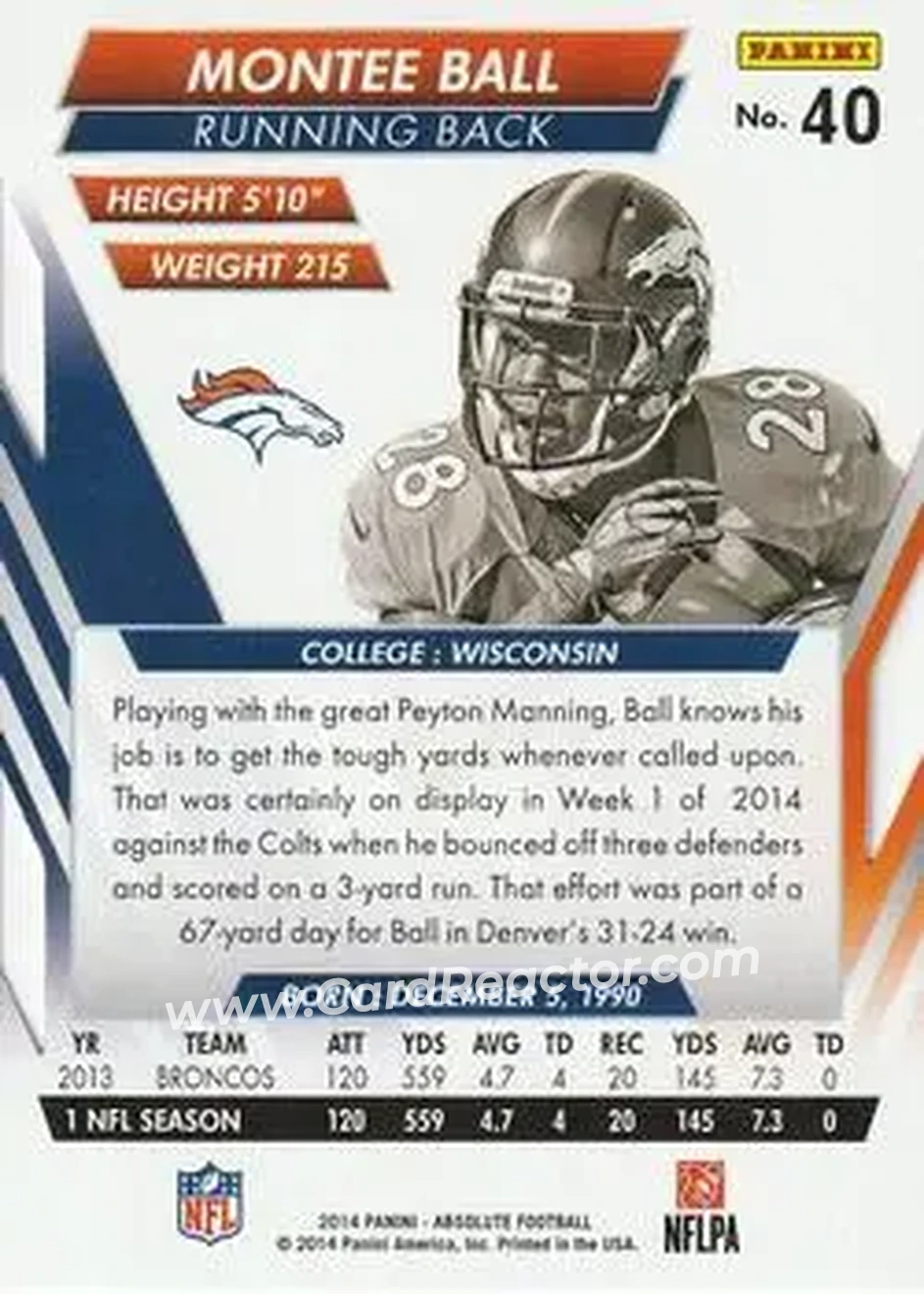 2014 Panini Absolute #40 - Montee Ball - Denver Broncos - Back